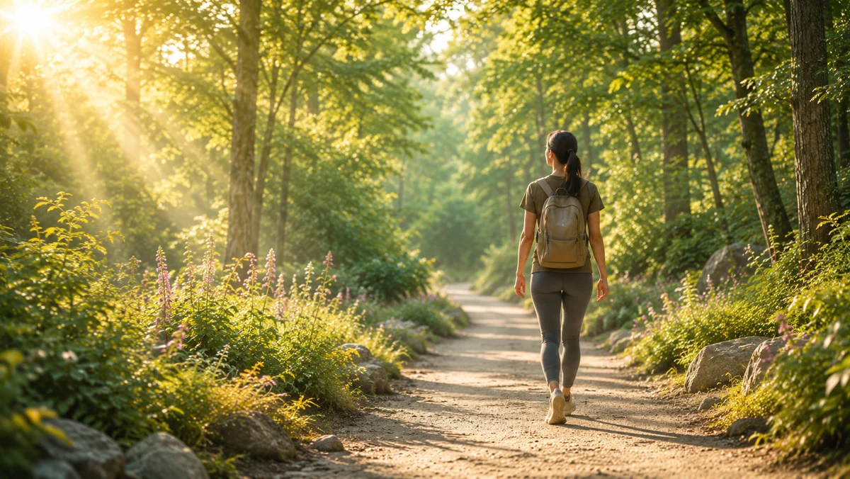 A person walking toward warm sunlight along a quiet forest path
