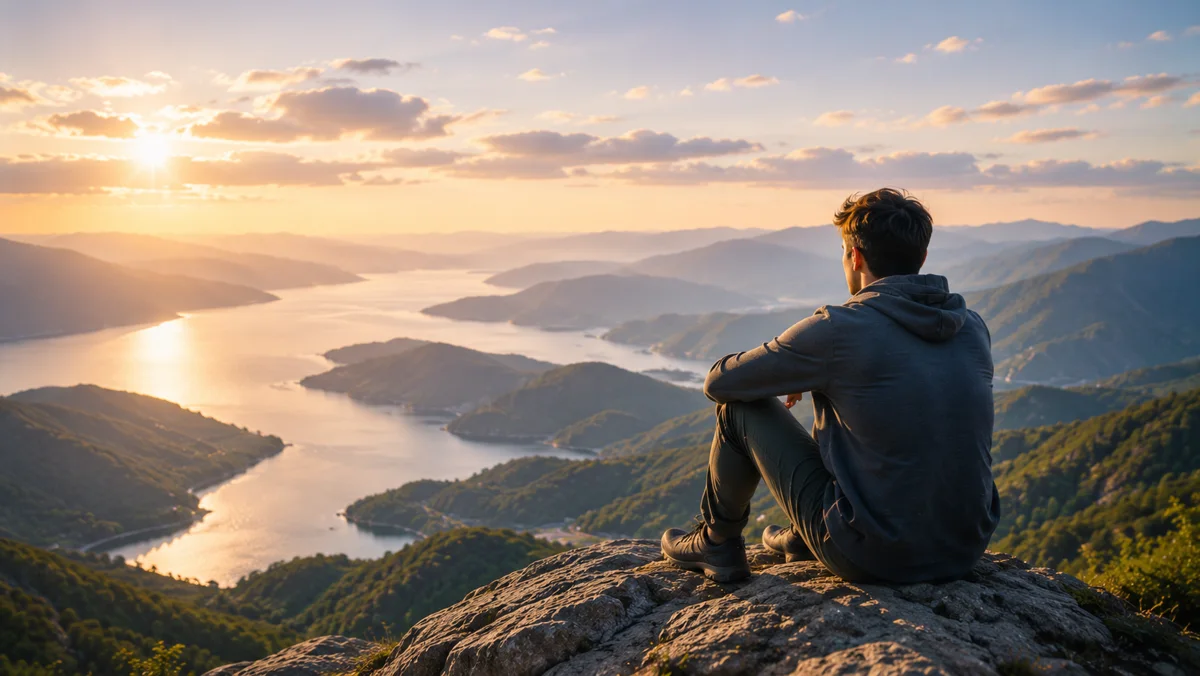 A person looking across a broad mountain lake at sunrise